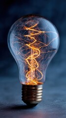 Illuminated light bulb with intricate filament design, set against a dark background, showcasing creativity and technology.