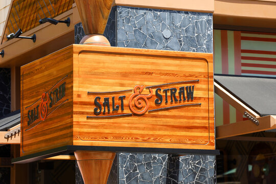 Anaheim, California USA on May 13, 2023:.The Salt and Straw ice cream shop wooden sign at the Anaheim Downtown District location.