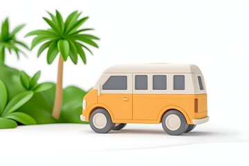 A yellow minivan is parked near lush tropical plants, suggesting a vacation or road trip theme