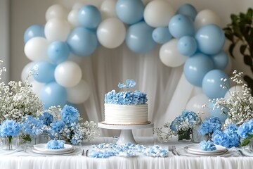 Elegant party table setting featuring cake hydrangeas balloons and floral decorations