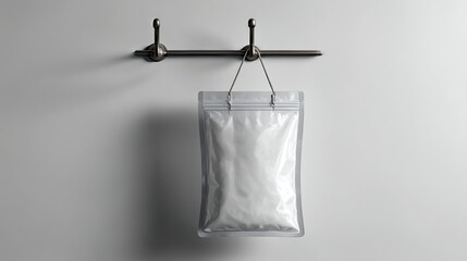 Realistic transparent pouch mockup hanging on retail hook, perfect for showcasing product packaging designs for snacks, cosmetics, or supplements.
