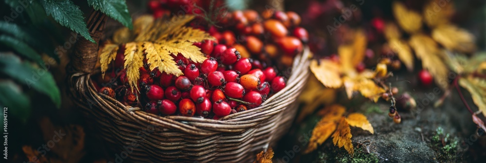 Poster foraged autumn berries and leaves collected in a wicker basket during a peaceful woodland stroll gen
