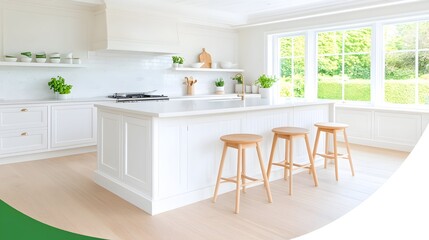 Bright, airy kitchen with white cabinetry, an island, and light wood floors.  Large windows offer abundant natural light
