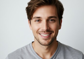 Fototapeta premium Portrait of a smiling man with brown hair against isolated on white background