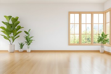 Bright, minimalist room with hardwood floors, large windows offering a view of trees, and potted plants