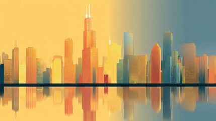 Obraz premium Vibrant City Skyline Reflection at Dusk with a Gradient of Warm and Cool Colors Creating a Stunning Visual Aesthetic for Urban Landscapes