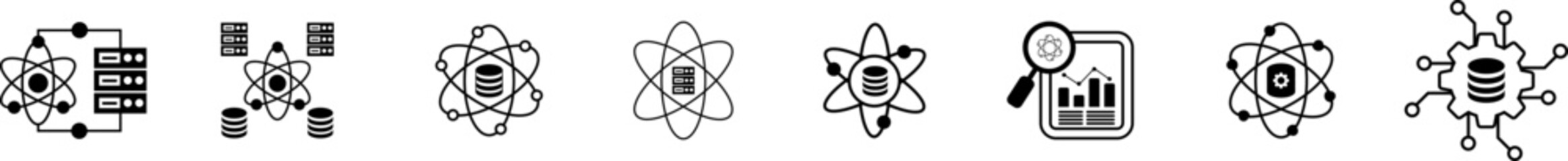 Set of data science and big data icons. Data science, big data, server technology, and database systems with atomic and tech network design.