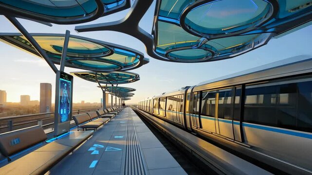 Futuristic elevated metro station with smart touchscreen display, modern train, circular glass canopy, and sunset city view, perfect for public transport, innovation, smart city, and travel concepts.