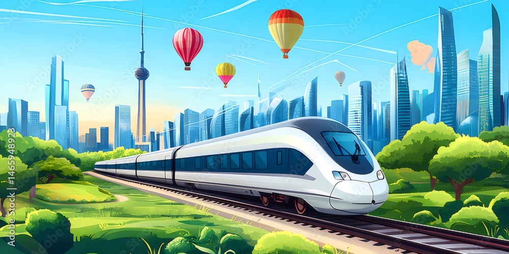 Poster 明るい青い空に白い電車が走るピクセルアート都市の風景 熱気球と高い塔がある未来的な都市景観