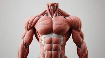 Muscular System of the Upper Body: A focus on the muscular system of the upper body, showing the chest, shoulder, and arm muscles in high detail.
