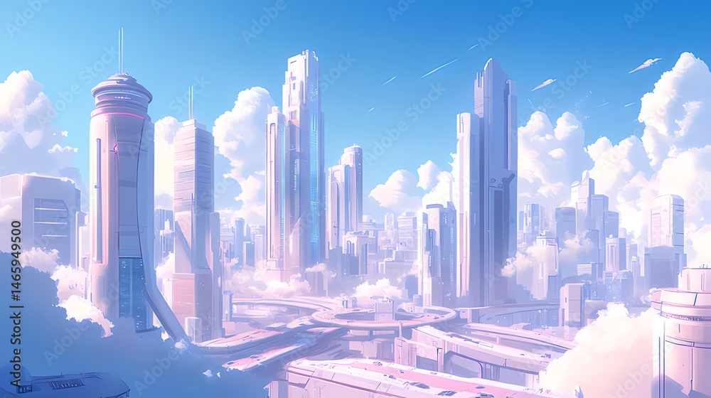 Poster パステルカラーの未来都市景観 高層ビル群と青空に浮かぶ雲が織りなす建築美 夢のような風景と平和な空気感を表現