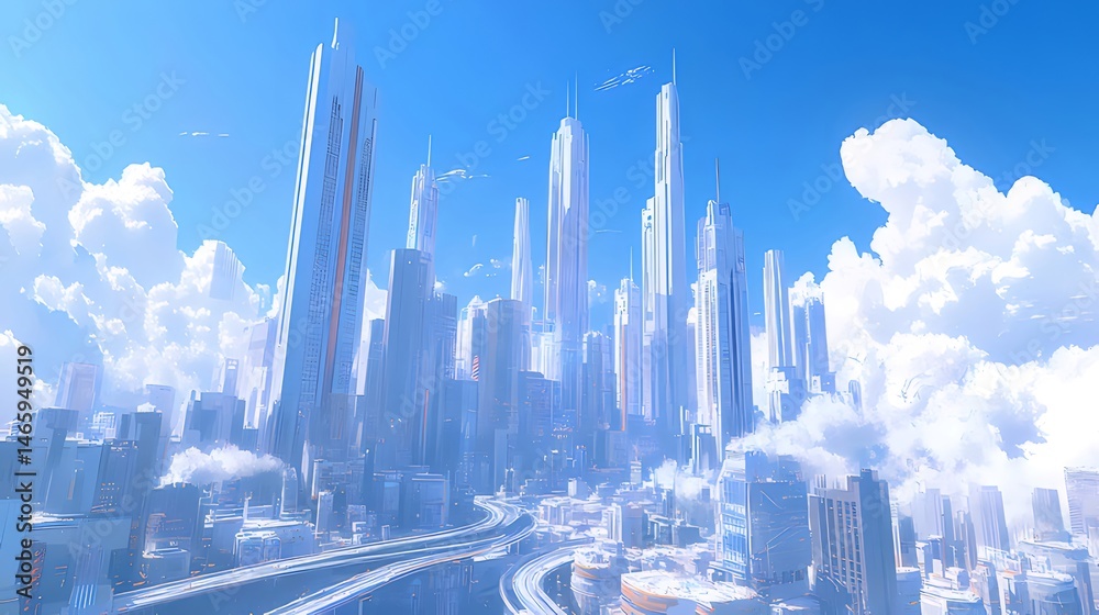 Poster 青空と雲に囲まれた未来的な都市のスカイライン 建築の高層ビルと抽象的なデザインが特徴的な都市景観