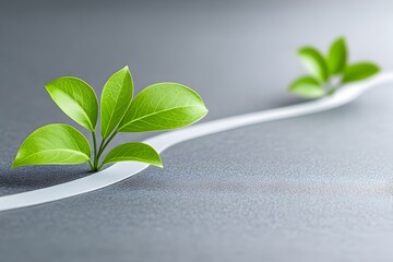 Lush green plants sprout along a curving white path on a gray surface, symbolizing growth and journey