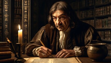 Fictional Portrait of René Descartes in an Ancient Library - An Artistic Representation of Philosophy