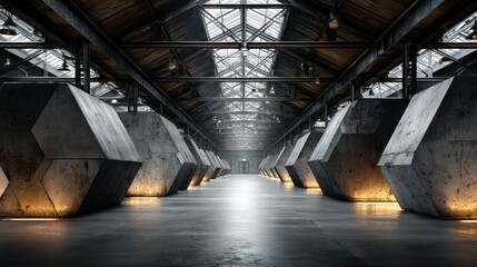Obraz premium Modern Industrial Interior with Geometric Concrete Pillars and Skylights