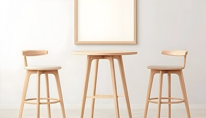 Minimalist room setting with light wood round table and two matching stools, and a framed picture
