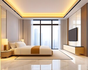 Fototapeta premium Modern bedroom with city view, featuring a large bed, ample natural light, and a sleek entertainment center