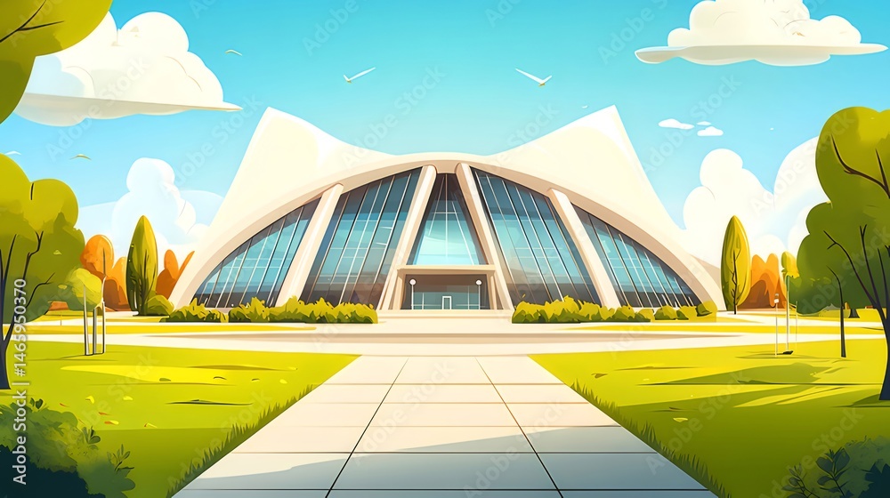 Poster ピクセルアートの現代的な建築物 青空と緑の風景 白い幾何学的構造とガラスの壁 未来的な外観とシンプルなデザイン