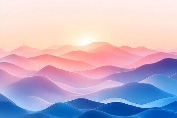 Serene sunrise over a vast, undulating landscape of pastel-hued mountains, bathed in soft, warm light