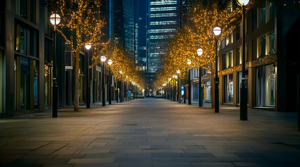 Obraz premium A nighttime city street lined with trees and streetlights leading towards buildings.