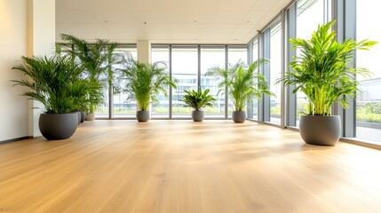 Sunlit spacious room with hardwood floors and large potted plants near expansive windows offering an outdoor view