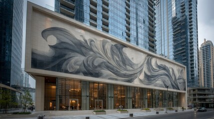 Modern Urban Architecture with Abstract Art Mural on Facade Glass Windows Reflecting Skyline