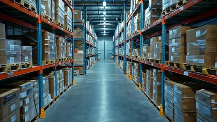 Large warehouse with tall metal storage racks filled with neatly packed boxes and pallets, featuring bright lighting, spacious aisles, and inventory system for logistics, shipping, and distribution. - Powered by Adobe