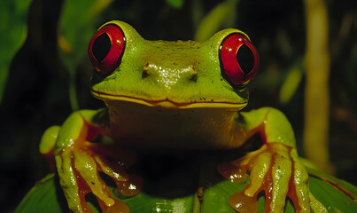 Fototapeta premium Striking close-up of a vibrant red-eyed tree frog perched on a lush green leaf at night.