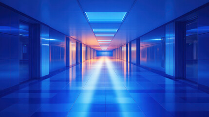 Obraz premium A long, narrow hallway with blue walls and blue floor tiles. The hallway is lit with blue lights, creating a cool and calming atmosphere