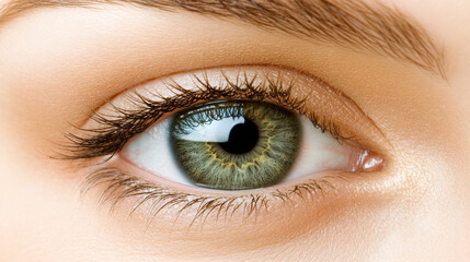 Fototapeta premium A woman's eye is shown in a close up. The eye is green and has a black pupil. The eye is surrounded by a thin line of eyelashes
