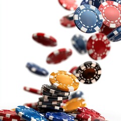 Flying colorful casino chips in motion isolated on transparent background