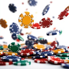 Flying colorful casino chips in motion isolated on transparent background