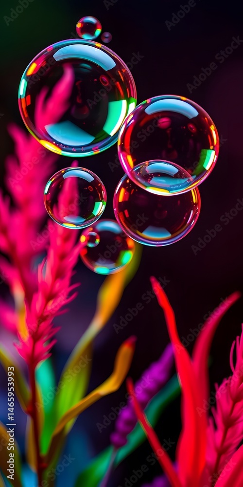 Poster Ethereal Bubbles Floating, An Enchanting Display, With Luminous Spheres Dancing Above Vibrant Botanical Forms. Radiant Light, Captivating Flora, Creates A Mesmerizing Spectacle. A Beautiful Scene,