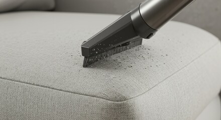 Close-up view of a vacuum cleaner brush attachment removing dust and debris from the surface of a light-colored upholstered sofa cushion