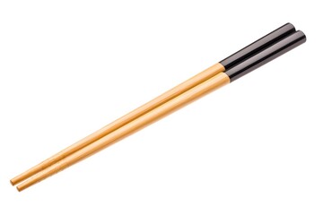 A pair of light brown wooden chopsticks with black ends, isolated on a white background