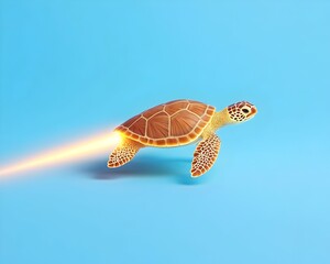 A sea turtle propelled by a bright, fiery jet stream across a light blue background
