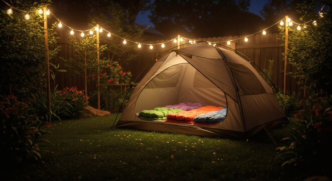 Backyard camping tent setup with string lights for outdoor family fun and summer night adventure