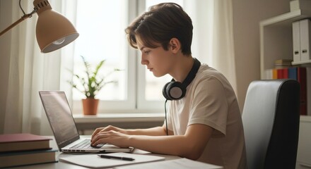 Teenager studying online at home using laptop for education and e learning with headphones on desk lamp