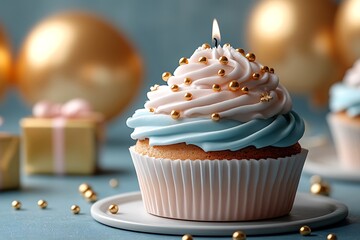 Delicious birthday cupcake with lit candle decorated with gold sprinkles and festive decorations