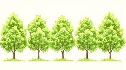 Five lush, green deciduous trees stand in a row against a white background, their bases nestled in small patches of grass