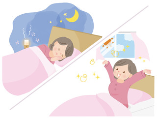 ぐっすり眠ってスッキリ目覚める中年女性のイラスト素