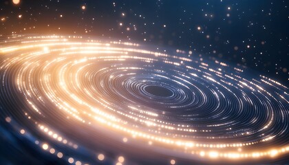 Fototapeta premium Glowing concentric circles radiate outwards, creating a mesmerizing cosmic effect against a dark backdrop. Sparkling particles enhance the ethereal glow