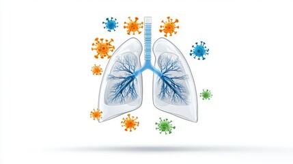 Detailed medical depicting the human lungs and the impact of a viral infection such as COVID 19 on respiratory health and function