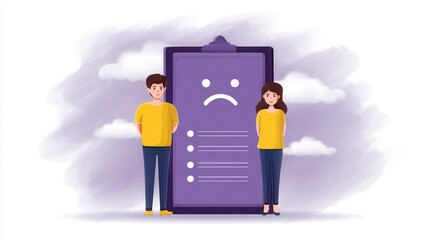 A boy and girl stand beside a large clipboard with a sad face, symbolizing disappointment or negative feedback.