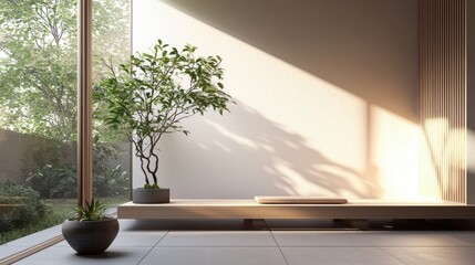 Fototapeta premium Serene Indoor Space with Minimalist Design and Green Plant Accents