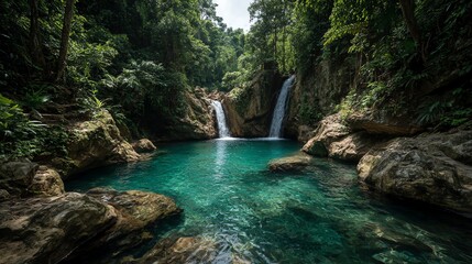 Fototapeta premium Breathtaking turquoise waterfall cascading into a crystal-clear pool, set in lush tropical nature—perfect for travel, nature, and paradise themes.