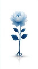A delicate blue rose with leaves and visible roots, illustrated on a clean white background.
