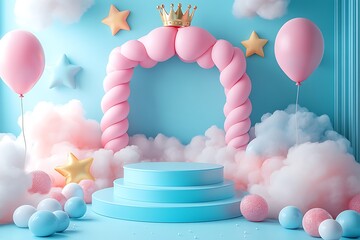 Whimsical baby shower decoration with balloons stars clouds and a podium display concept