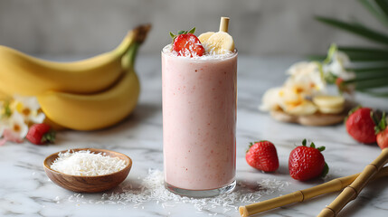 Delicious Strawberry Banana Smoothie in Tall Glass, Adorned with Coconut Flakes and Fresh Fruit, Surrounded by Smoothie Ingredients on Marble Surface (AI Image)