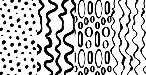 Set of seamless black and white minimalistic patterns with texture dots, circles and lines
